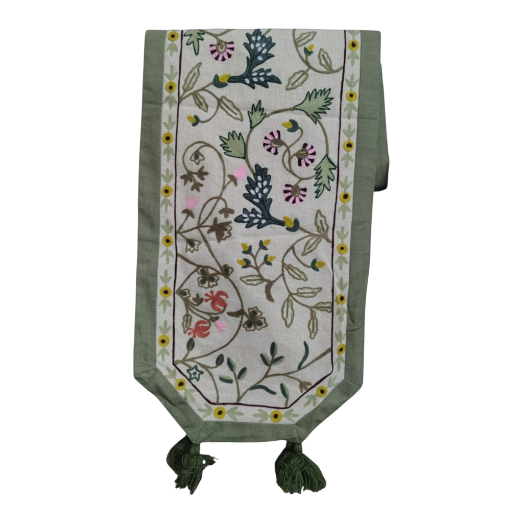 White Embroidered Floral Cotton Table Runner