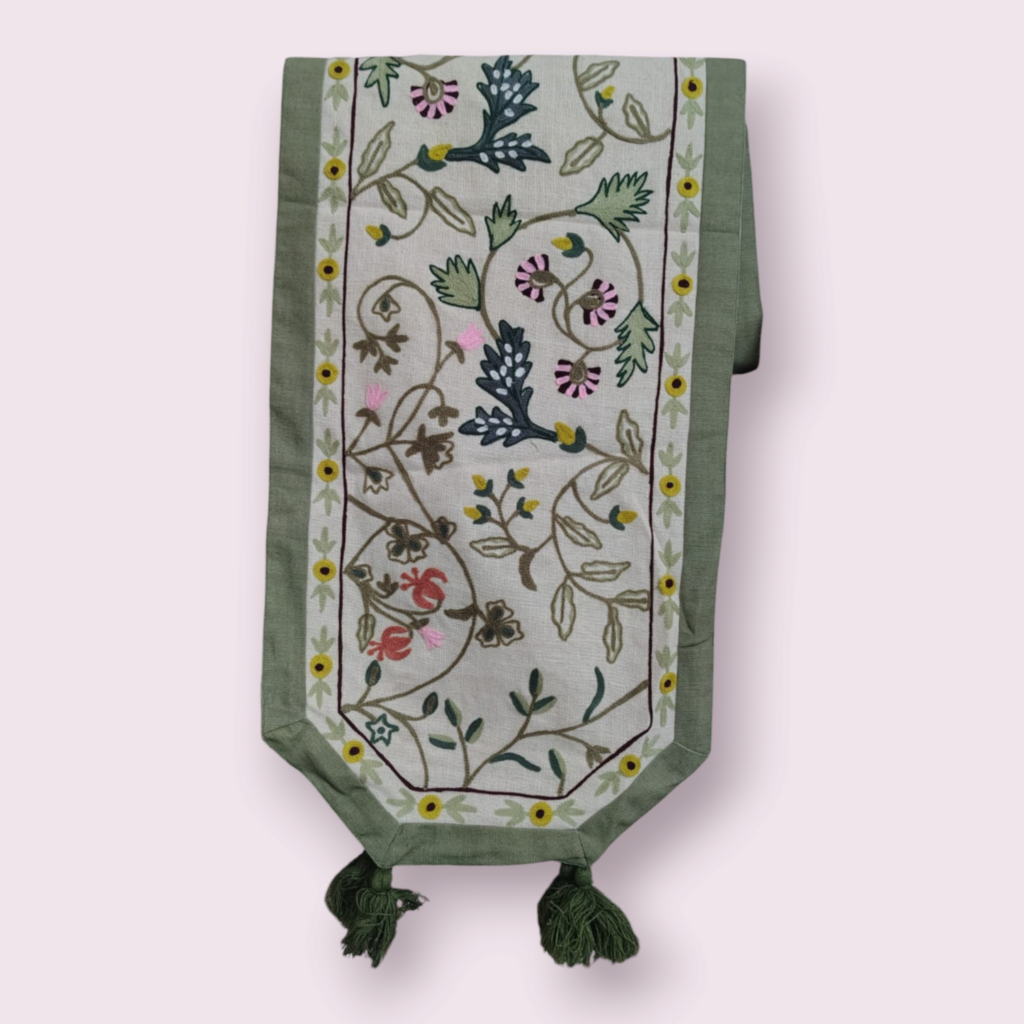 White Embroidered Floral Cotton Table Runner
