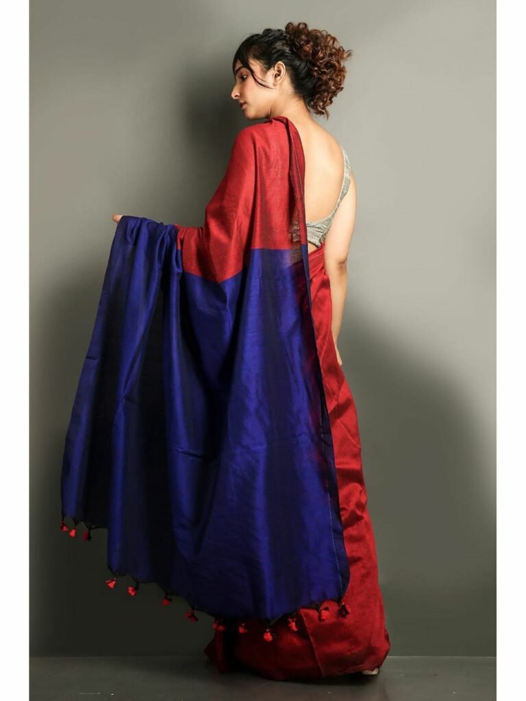 Maroon Royal Blue Dual Tone Cotton Saree with Tassels
