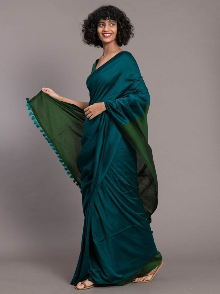 Peacock Teal Green Dual Tone Cotton Saree with Tassels