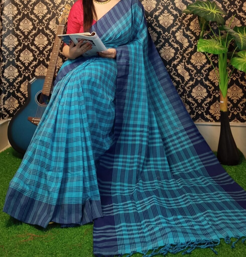 Sky Blue Checks Cotton Saree with Navy Border