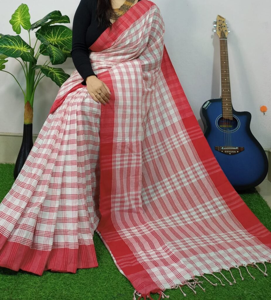 Red and White Checks Cotton Saree with Wide Red Border