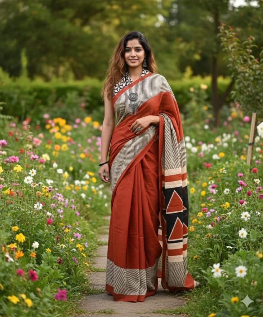 Rust Orange Cotton Saree with Striped Border and Triangle Pallu