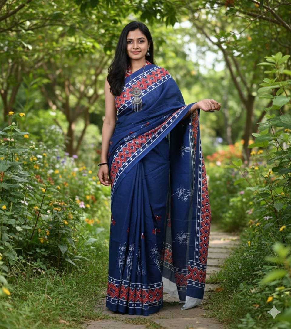 Navy Blue Block Print Cotton Saree with Red Geometric Border