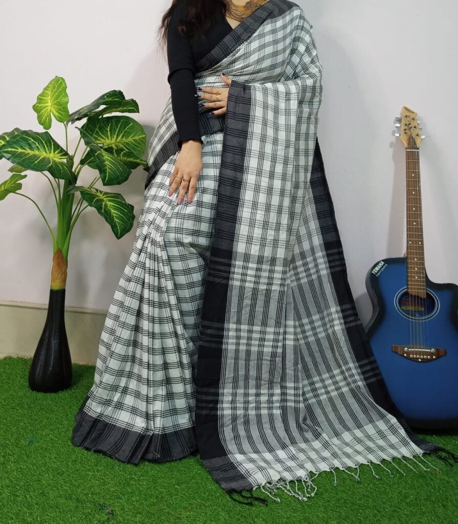 Black and White Checks Cotton Saree with Black Border