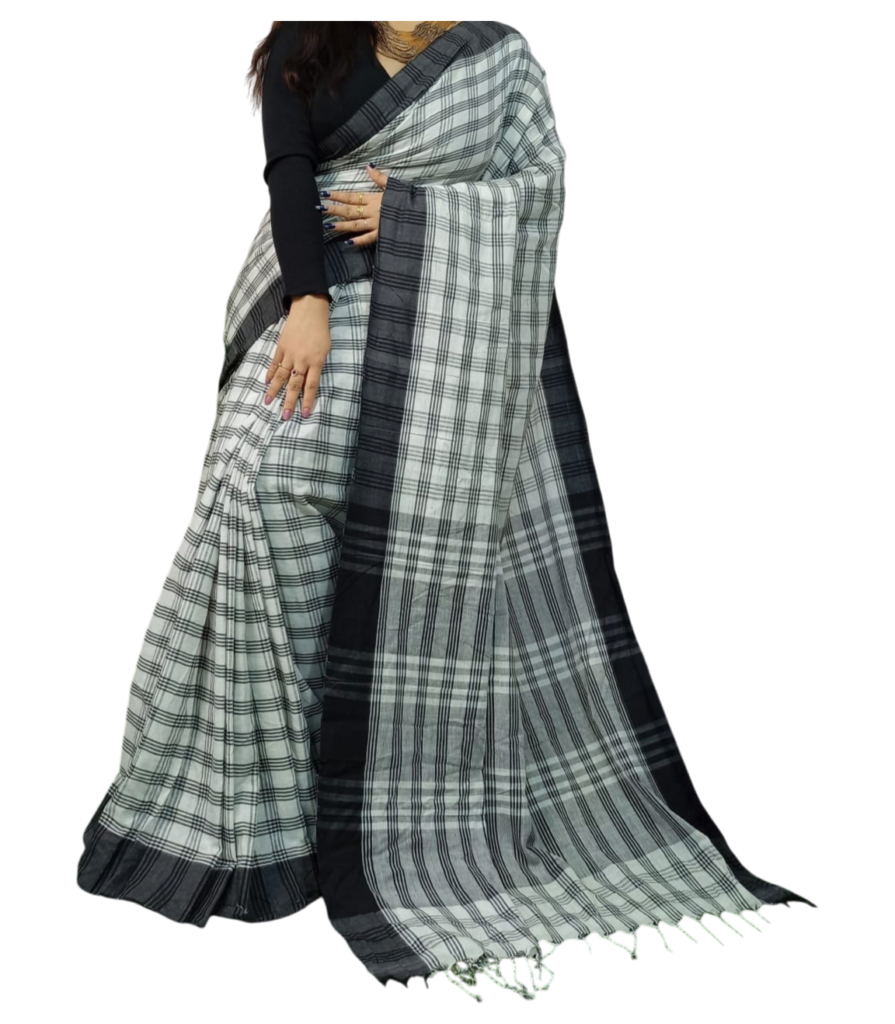 Black and White Checks Cotton Saree with Black Border