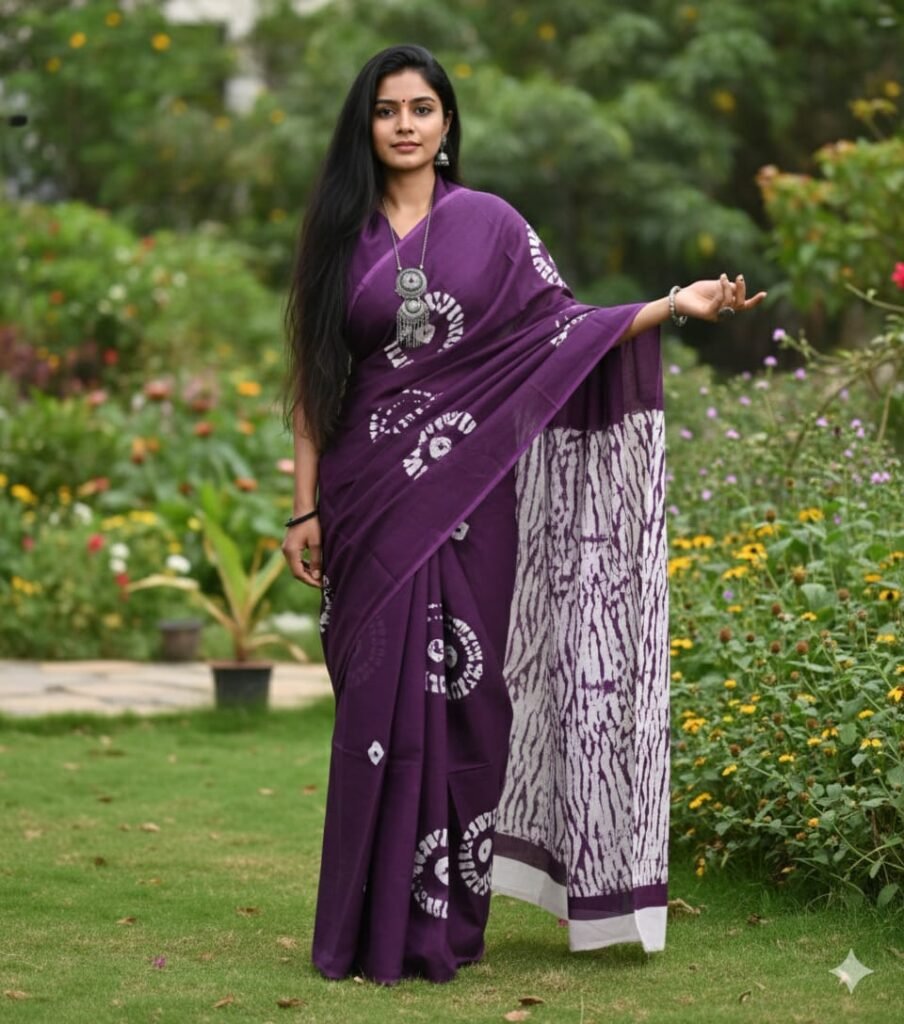 Purple Shibori Style Print Cotton Saree