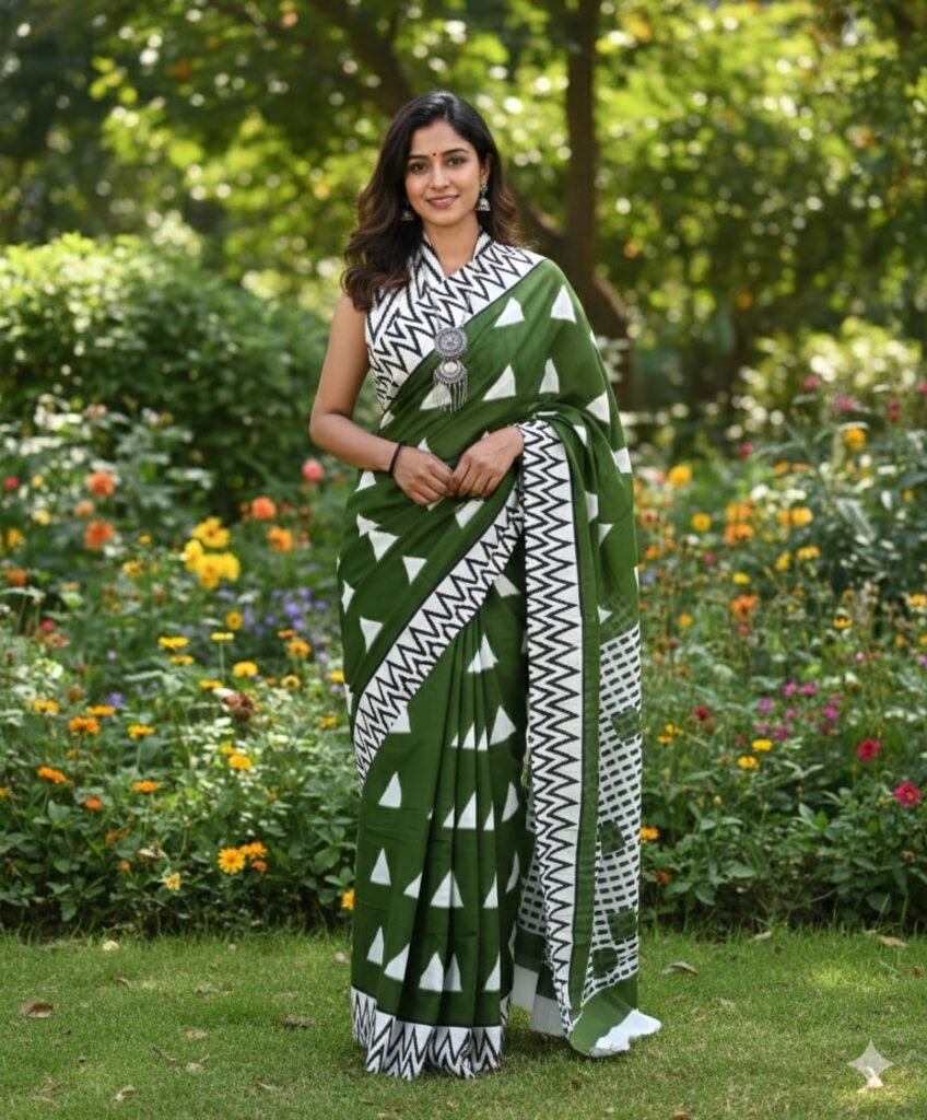 Green Block Print Cotton Saree with Zigzag Border