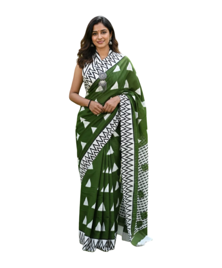Green Block Print Cotton Saree with Zigzag Border