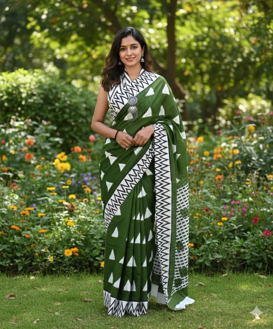 Green Block Print Cotton Saree with Zigzag Border