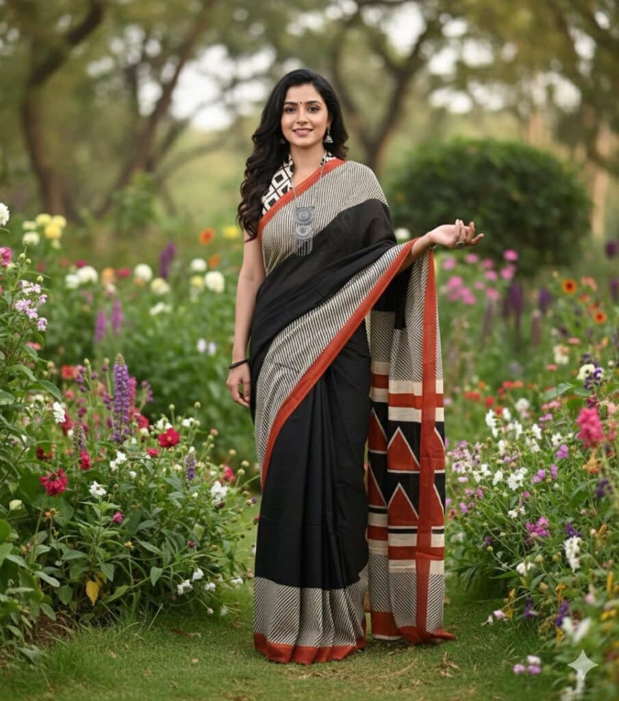 Black Cotton Saree with Striped Border and Rust Triangle Pallu